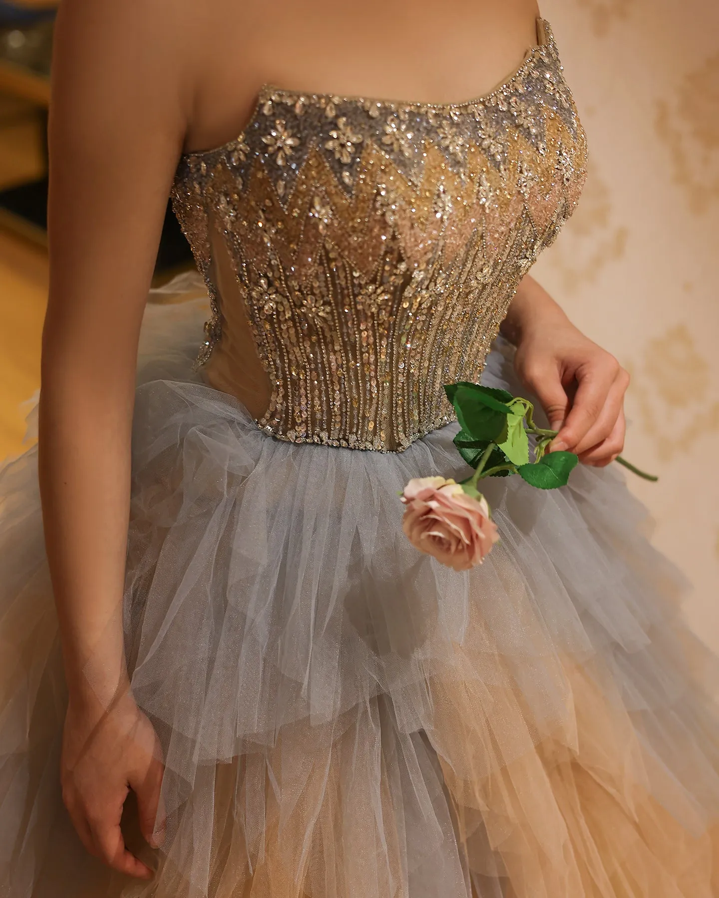 Luxury Rose Gold Ruffles Ball Gown Evening Dress SS531