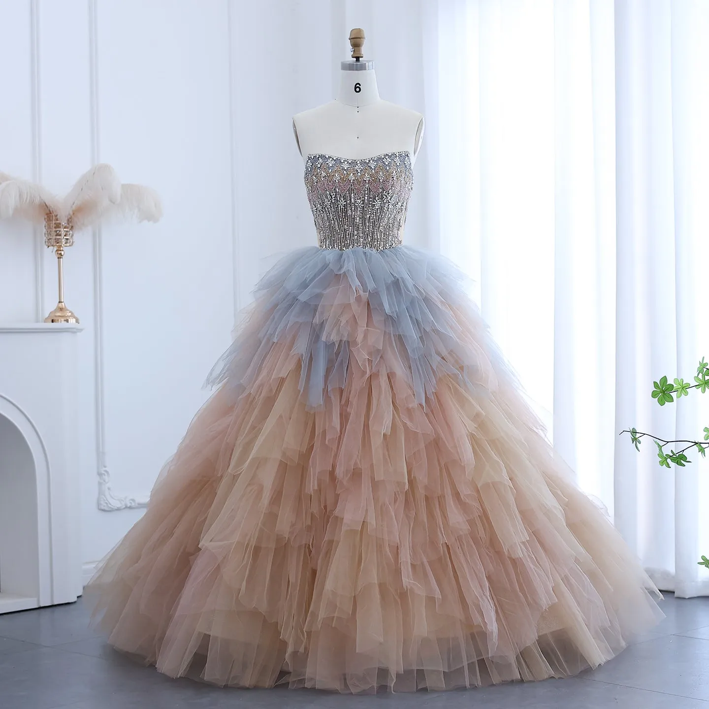 Luxury Rose Gold Ruffles Ball Gown Evening Dress SS531