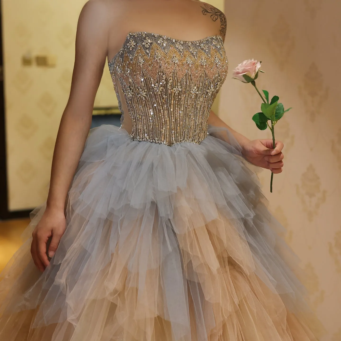 Luxury Rose Gold Ruffles Ball Gown Evening Dress SS531