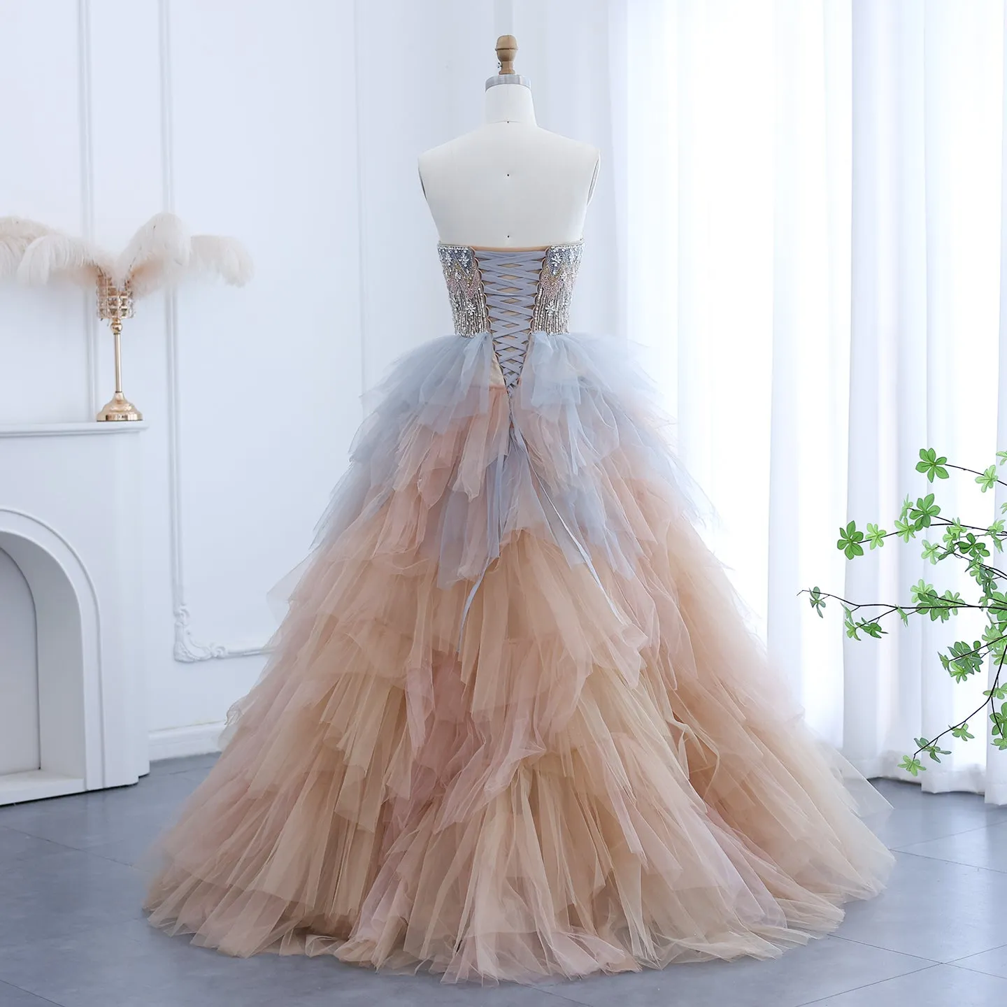 Luxury Rose Gold Ruffles Ball Gown Evening Dress SS531