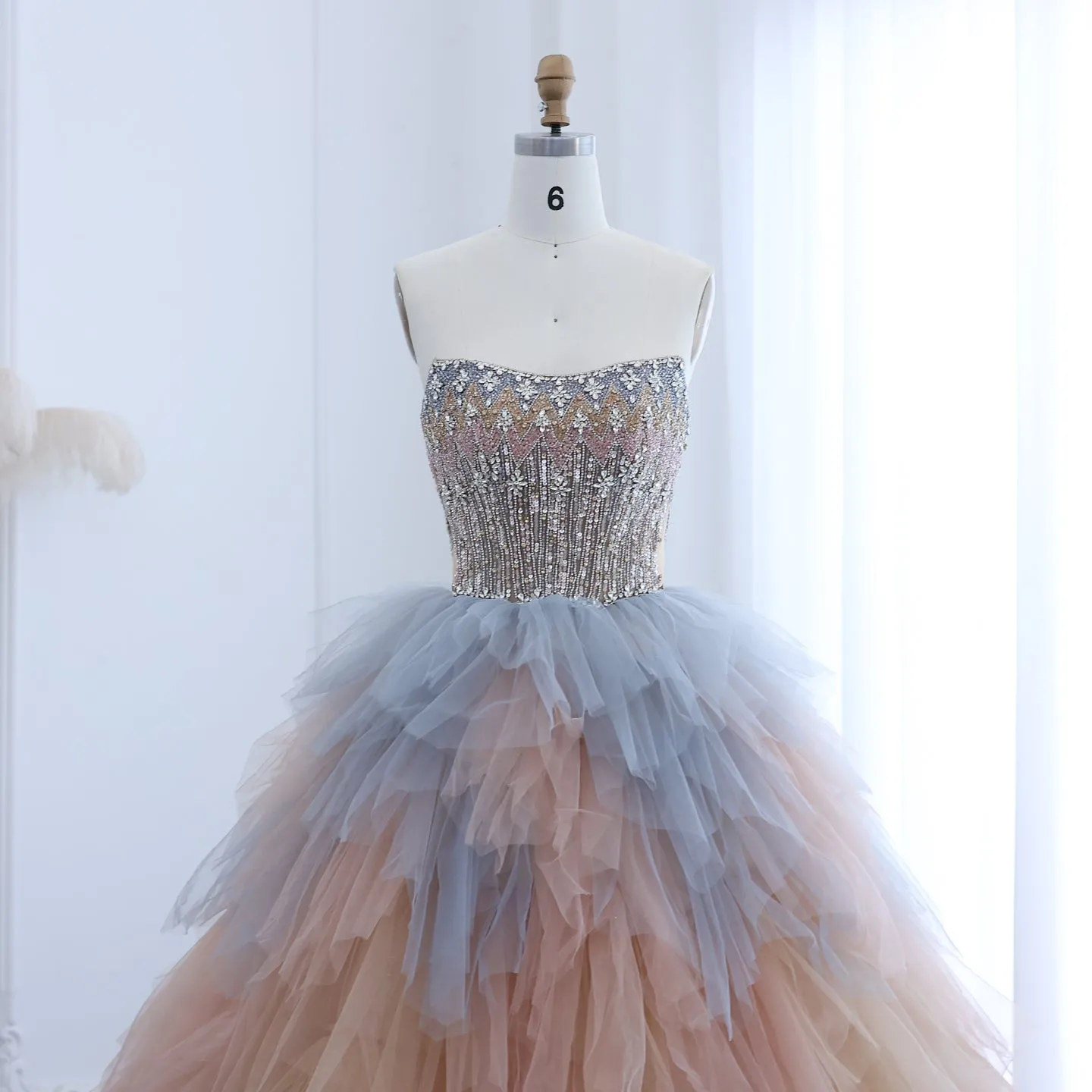 Luxury Rose Gold Ruffles Ball Gown Evening Dress SS531