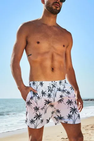 Men's White Palm Tree Print Swim Trunks Quick with Draw String and Pockets
