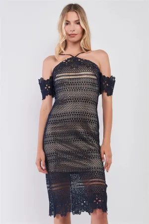 Navy & Gold Crochet Off-The-Shoulder Halter-Tie Neck Structured Above-Knee Dress /1-2-2-1