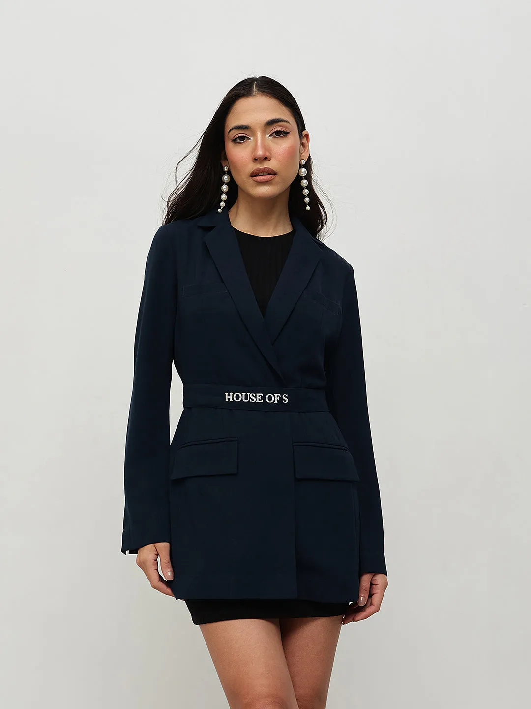 Navy Blue Belted Blazer Dress