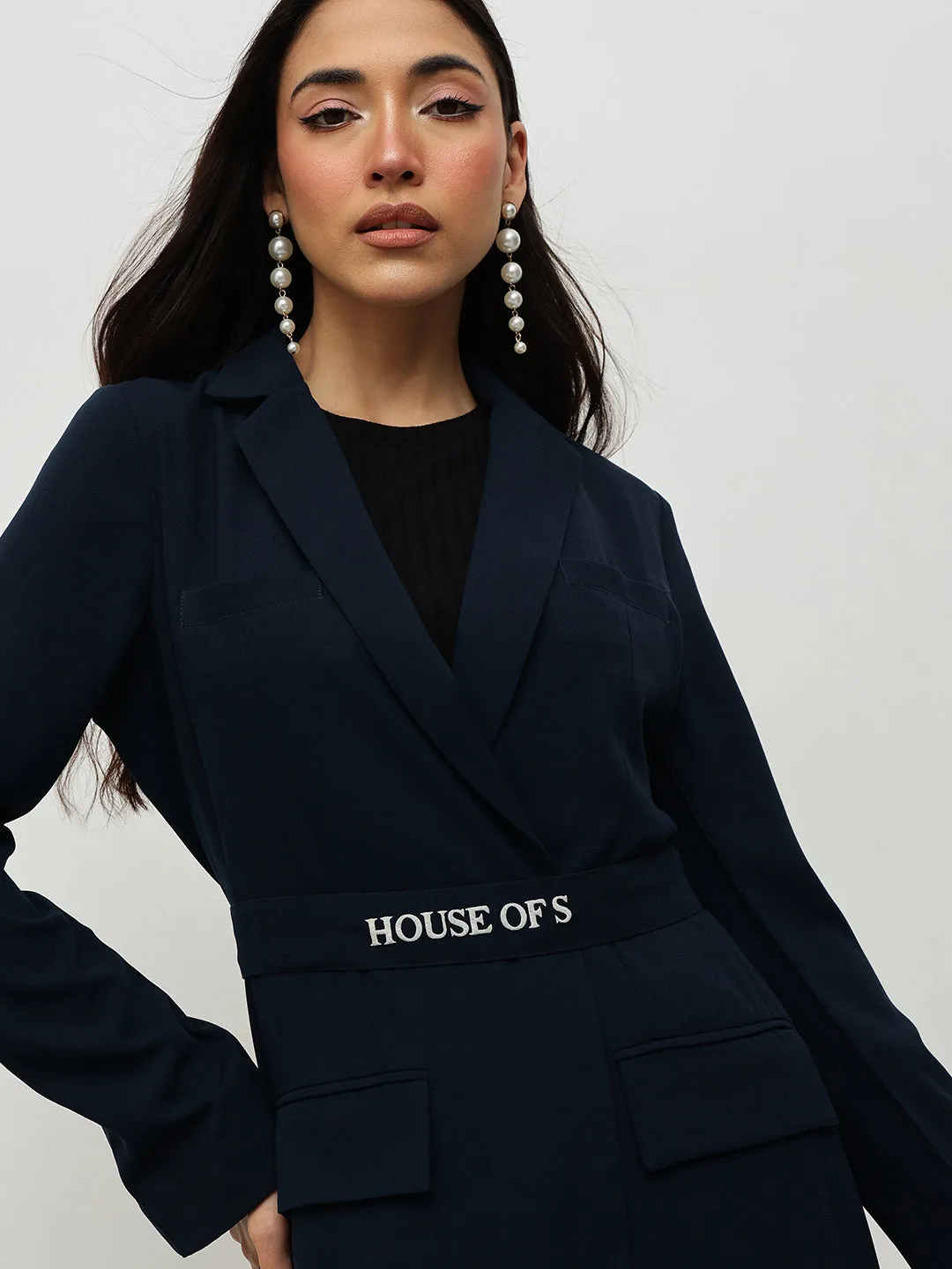 Navy Blue Belted Blazer Dress
