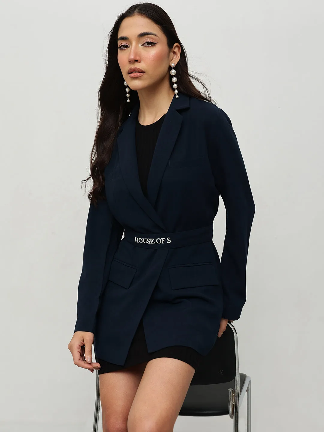 Navy Blue Belted Blazer Dress