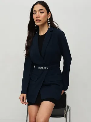 Navy Blue Belted Blazer Dress