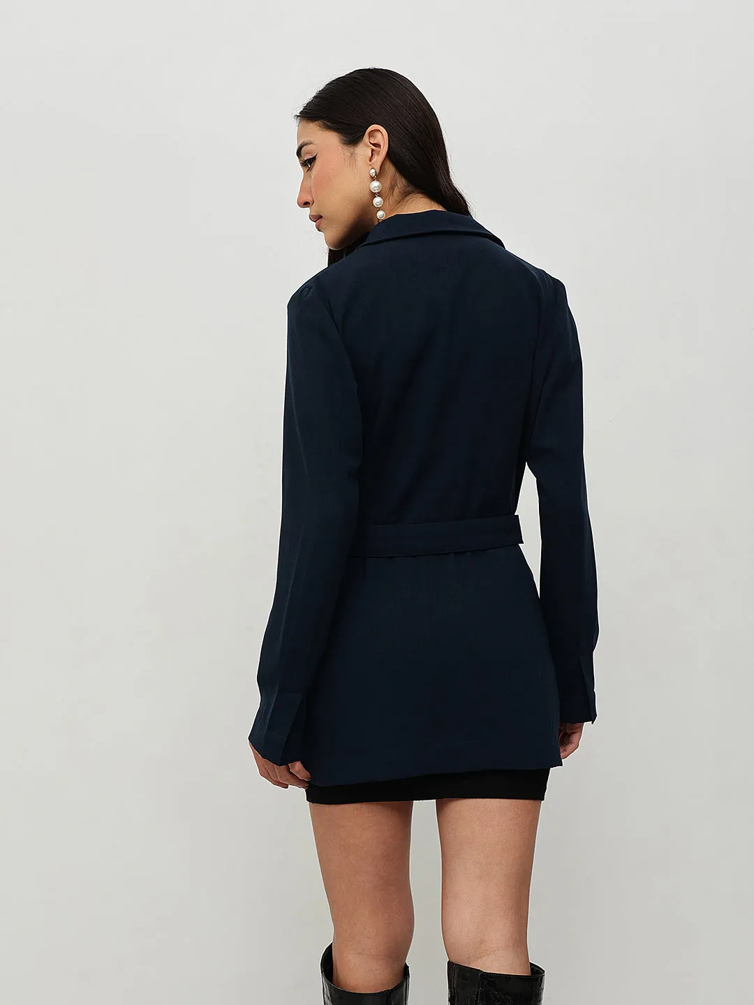 Navy Blue Belted Blazer Dress