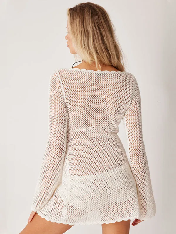Open Knit Beachwear Cover-Up - Long Sleeve Crochet Tunic