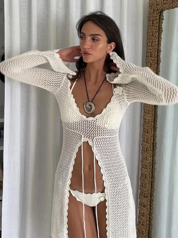 Open Knit Beachwear Cover-Up - Long Sleeve Crochet Tunic