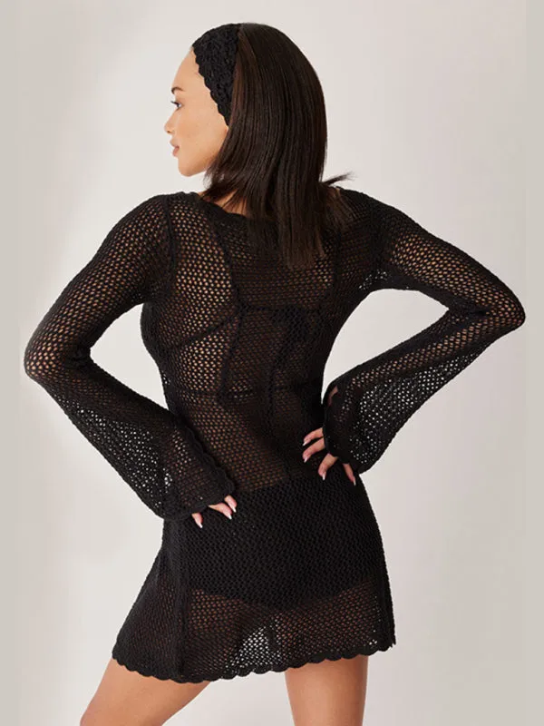Open Knit Beachwear Cover-Up - Long Sleeve Crochet Tunic