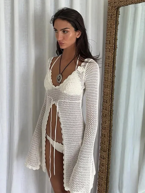 Open Knit Beachwear Cover-Up - Long Sleeve Crochet Tunic
