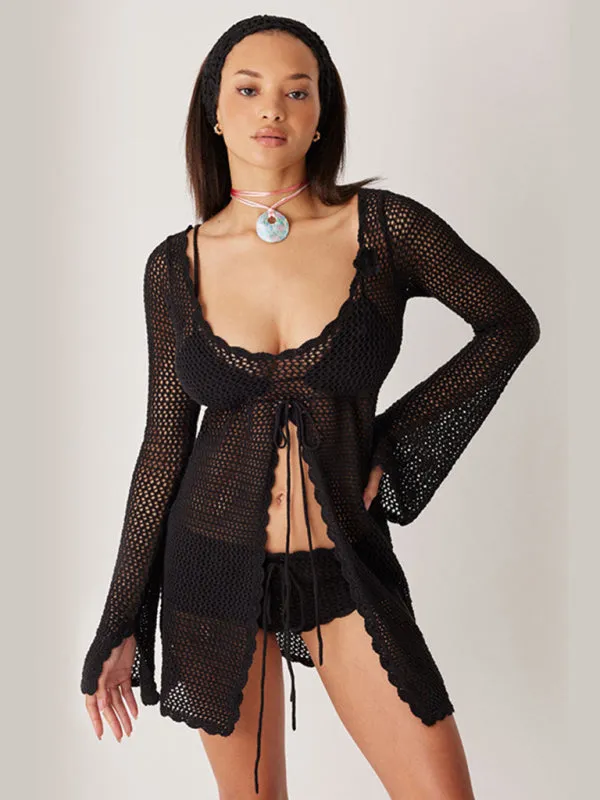 Open Knit Beachwear Cover-Up - Long Sleeve Crochet Tunic