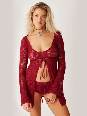 Open Knit Beachwear Cover-Up - Long Sleeve Crochet Tunic