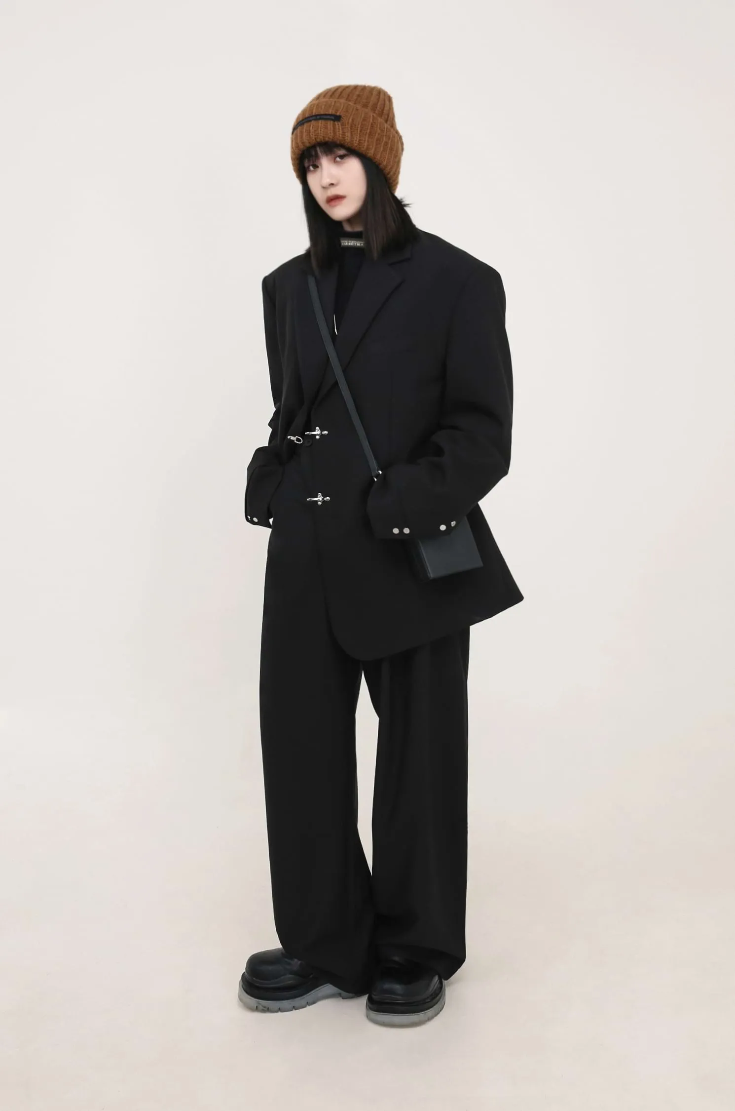 Oversized Boxy Blazer Coat with Silver Metal Accents