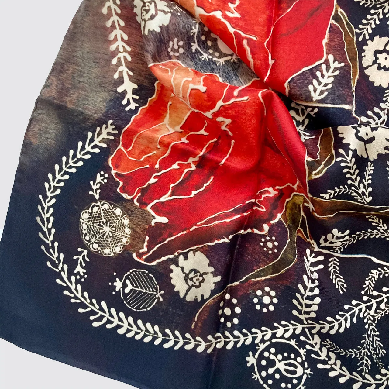 Silk Scarf With Roses And Foliage - Hand-Rolled Hems