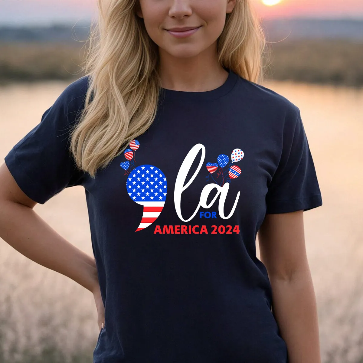 Teesdily | Comma La Shirt, Comma La For America T-shirt, 2024 American Flag Balloon Sweatshirt Hoodie Mug, Girl Power Patriot Gift